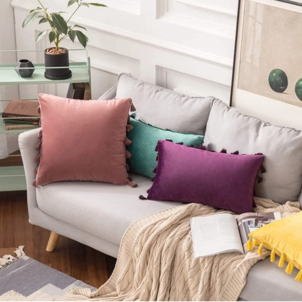 Luxury Home | Oversized Boho Chic Mauve Soft Velvet Tassel Trim Pillow Covers